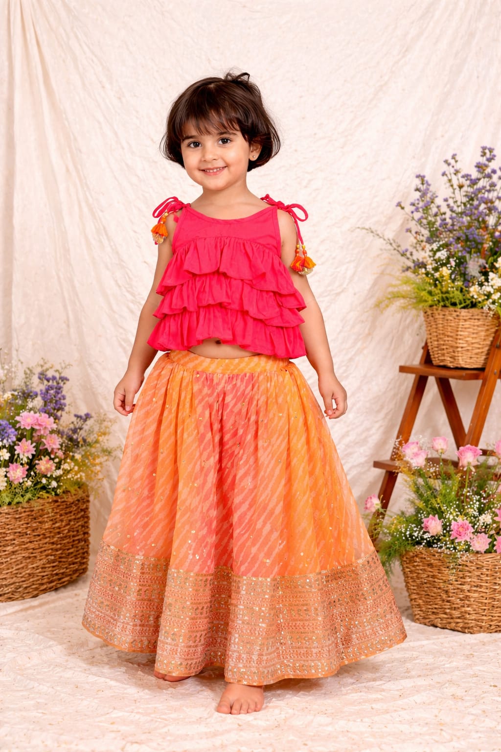 PINK RUFFLE TOP AND LEHERIA FLARE PANT