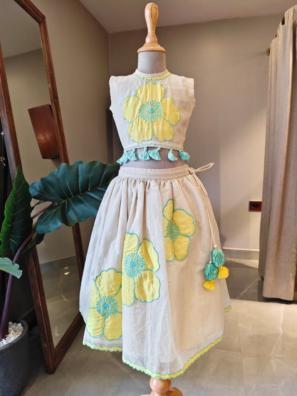 Yellow Applique Blouse with Off White Ghaghra for 2 Years Old