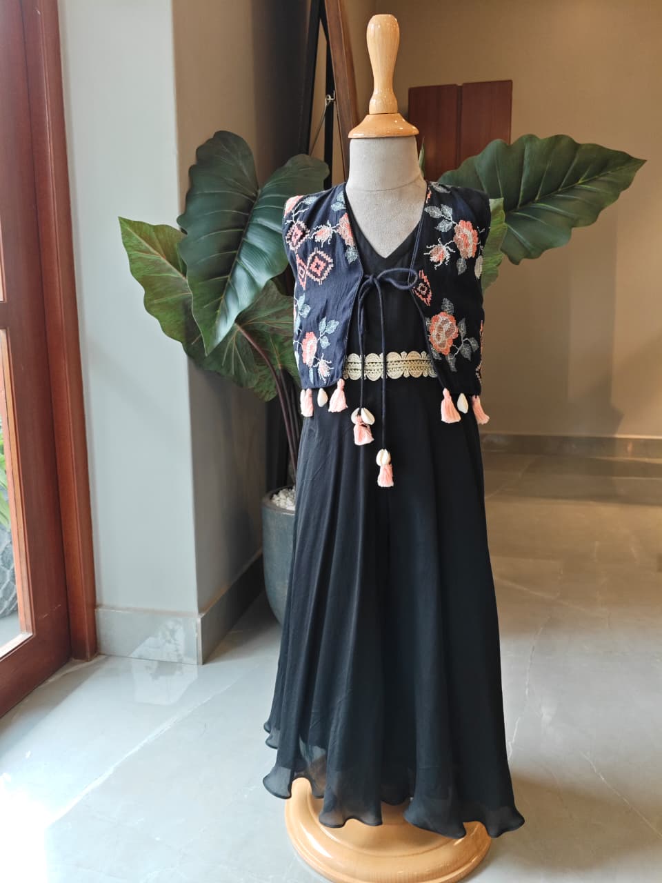 Black Jumpsuit with Multi Colour Floral Cross Stitched Black Jacket for 2 Years Old