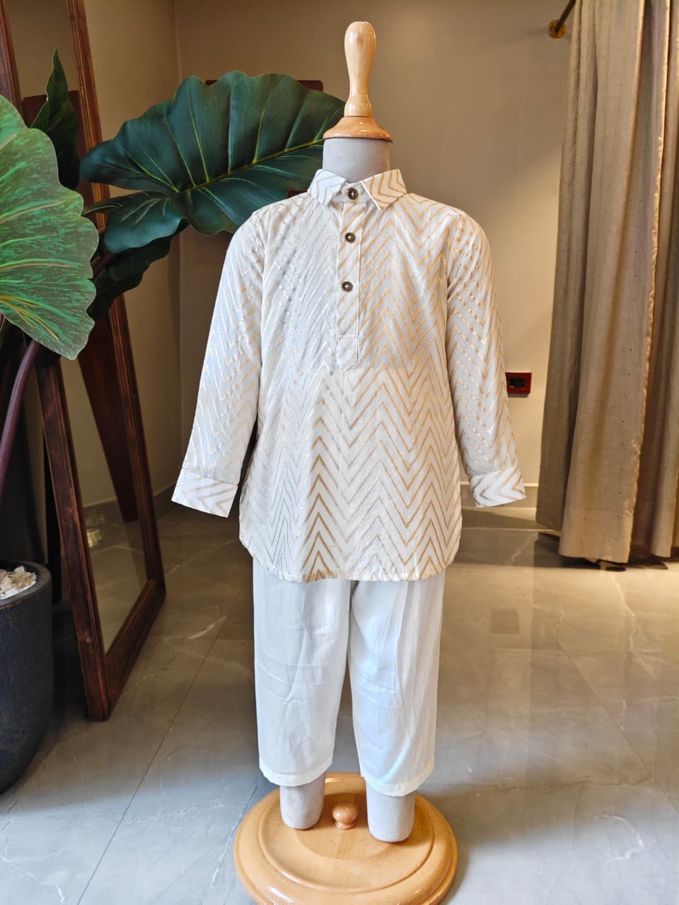 Off White Savron Zari Kurta and Pant for 2 Years Old