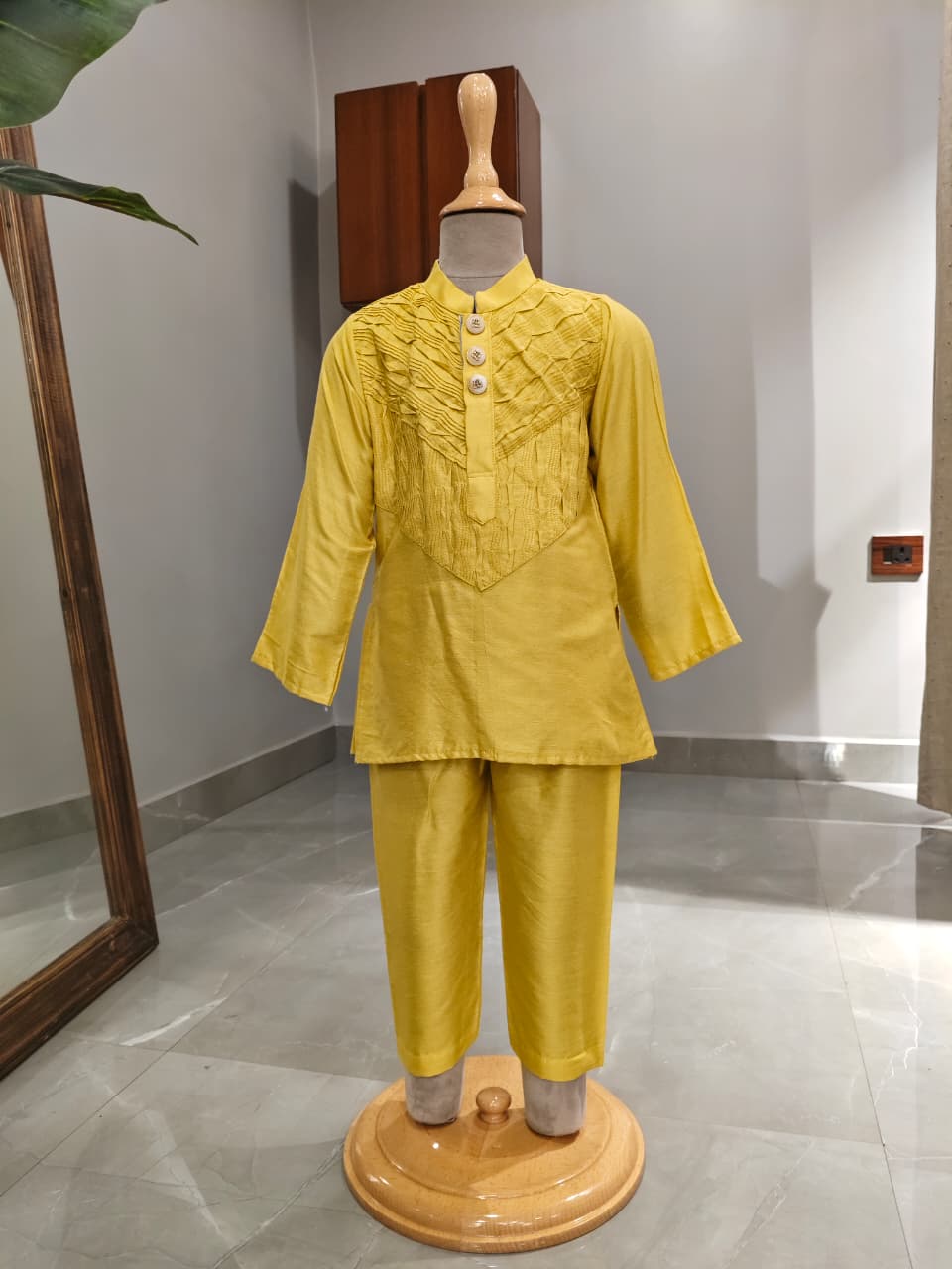 Mustard Pintuck Detailed Chanderi Kurta and Pant for 2 Years Old