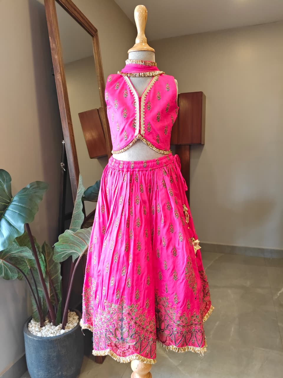 Hot Pink Fully Thread Embroidered Ghaghra Blouse with Dupatta for 1 Years Old