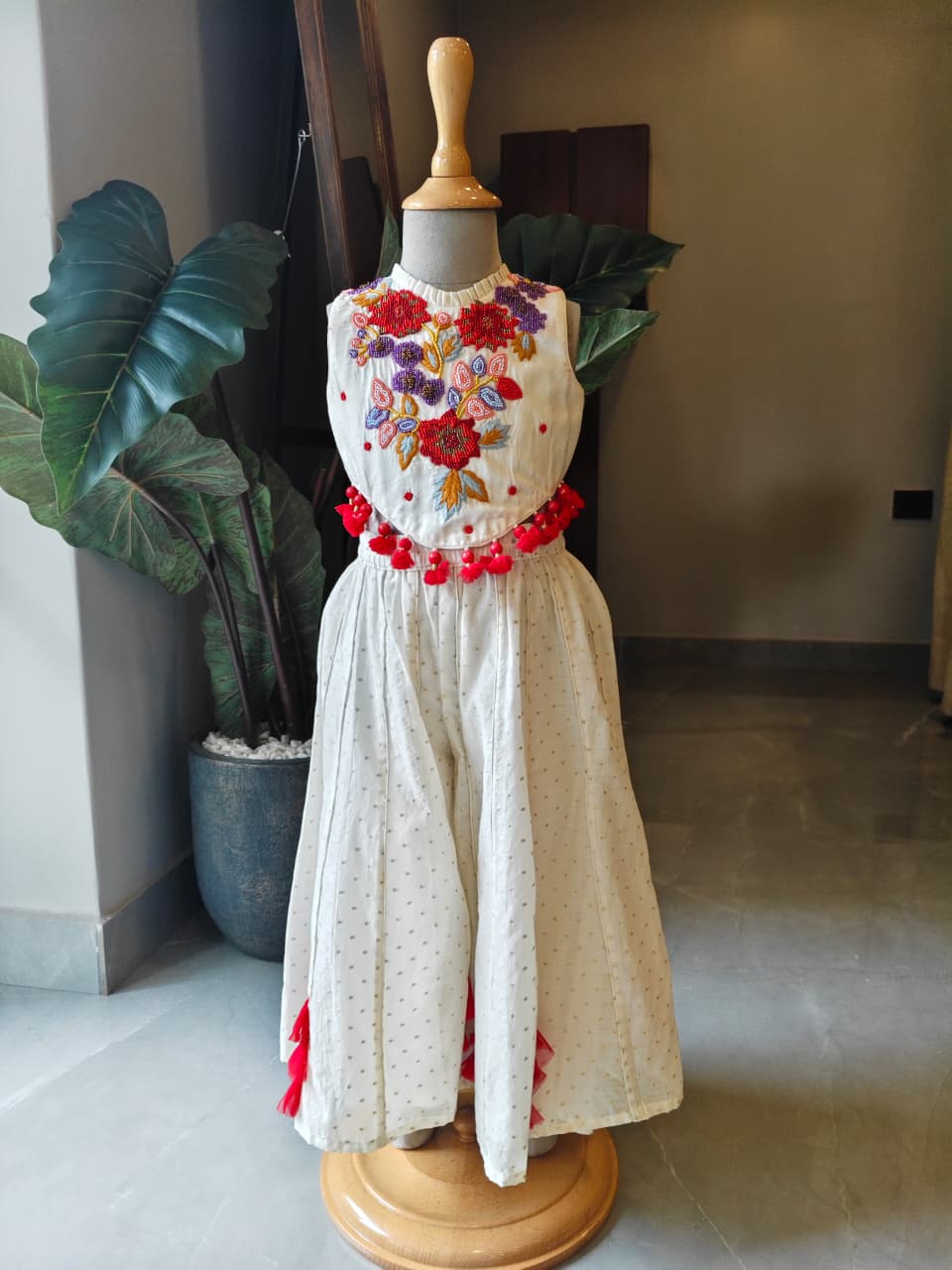 Multi Colour Chir Embroidered Off White Top and Flare Pant for 1 Years Old