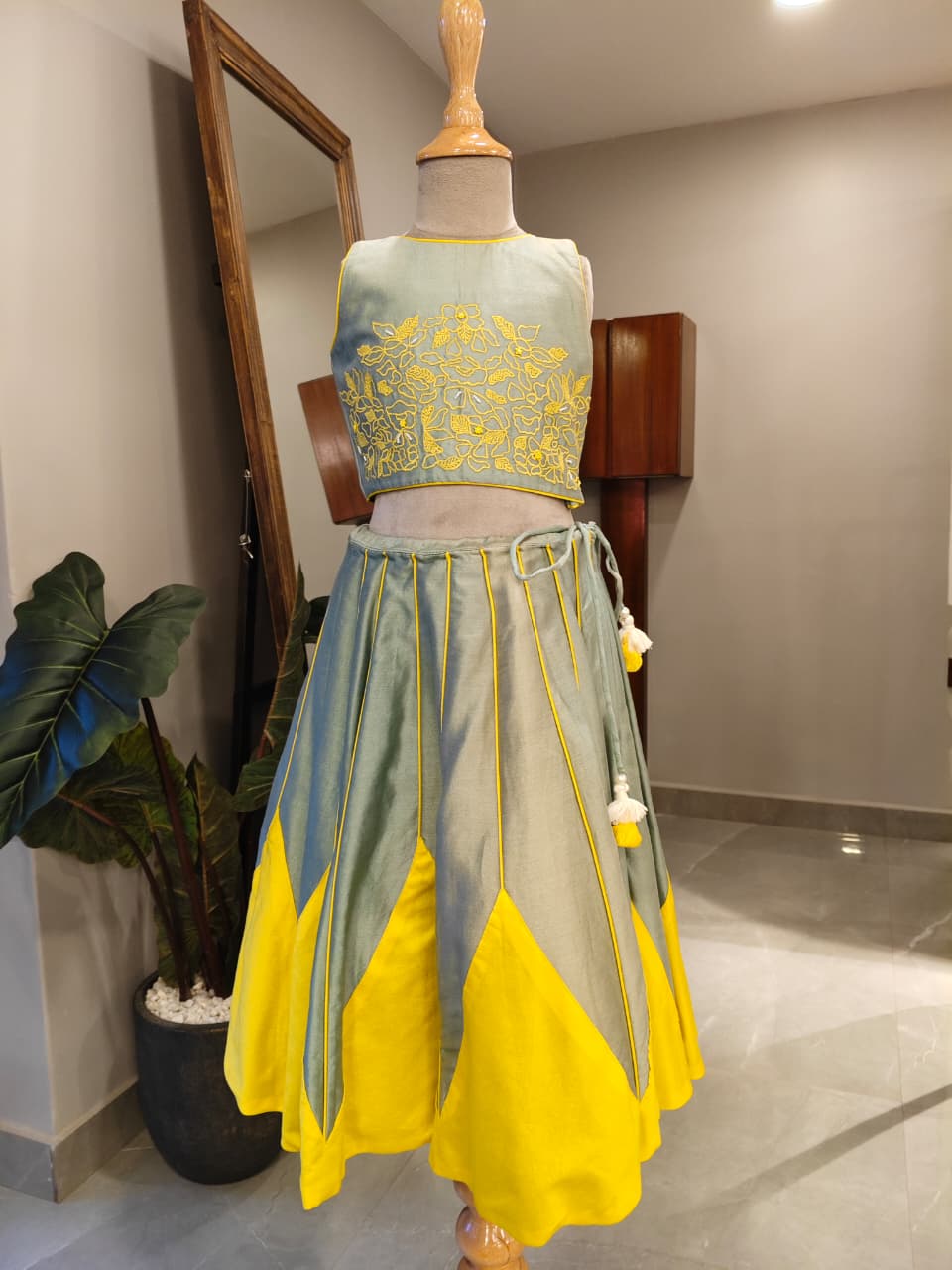 Yellow Thread and Moti Embroidered Green Kali Ghaghra for 2 Years Old
