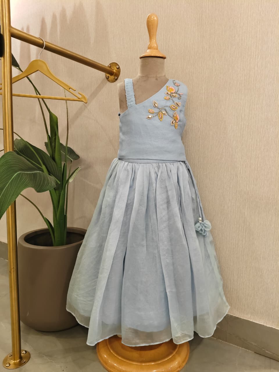 Powder Blue Stone Embroidered Organza Top with Ghaghra for 1 Years Old