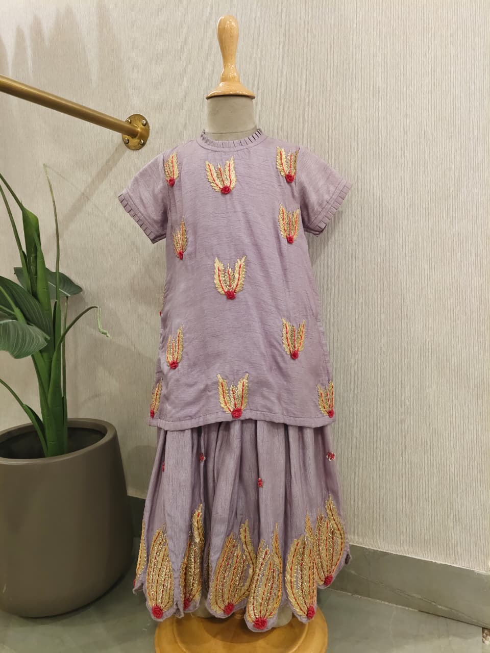 Lavender Gota and Thread Embroidered Kurta and Flare Pant for 3 Years Old