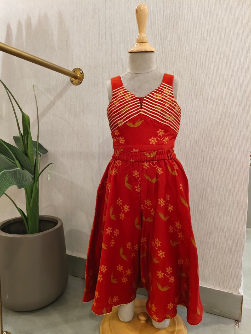 Red Chanderi Printed Gota Lace Embroidered Blouse and Sharara for 2 Years Old