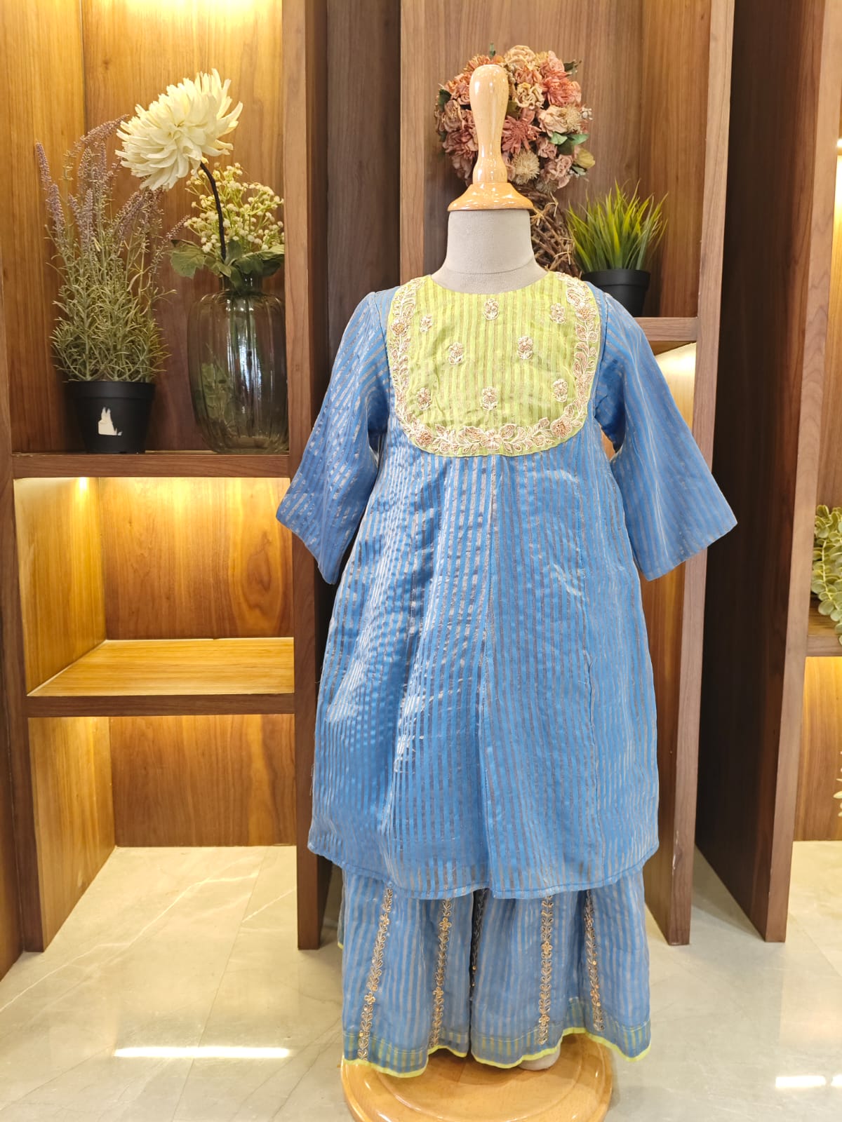 Blue Linen Tissue Kurta withy Straight Pant for 3 Years Old