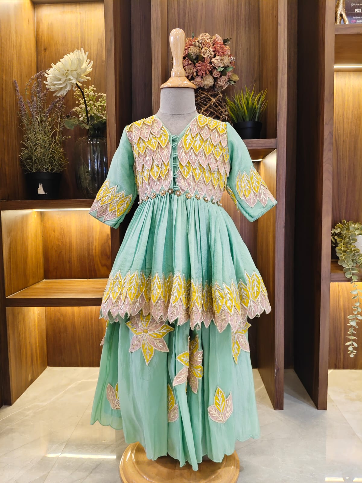 Multicolour Leaves Applique Sea Green Peplum and Flare Pant for 1 Years Old
