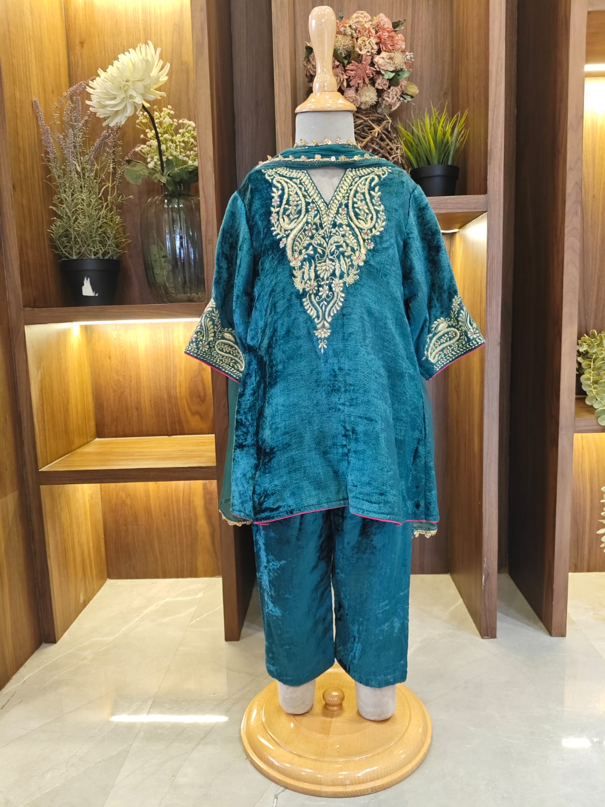 Green Velvet Zari Embroidered Kurta and Pant for 1 Years Old