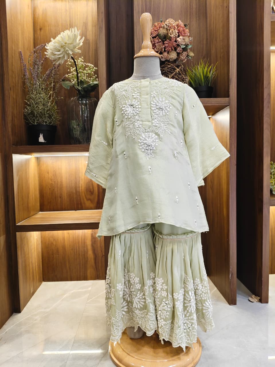 Thread and mirror Embroidered Mint Green Tissue Kurta and Sharara for 2 Years Old