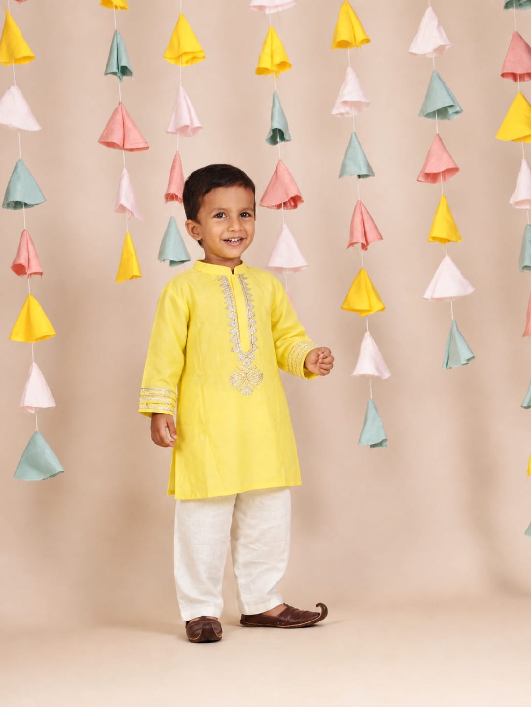 Yellow Chanderi Lace Work Kurta and Pant