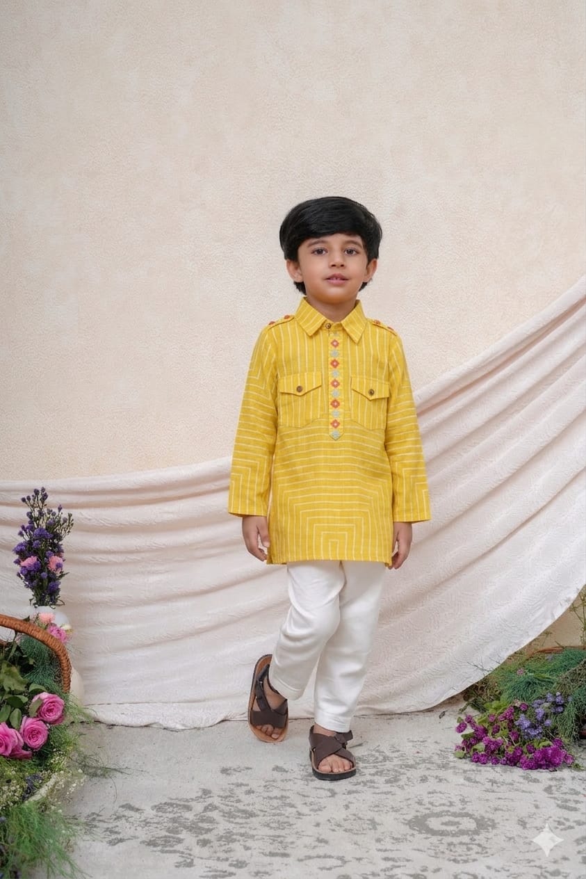Yellow Linen Pathani Style Kurta