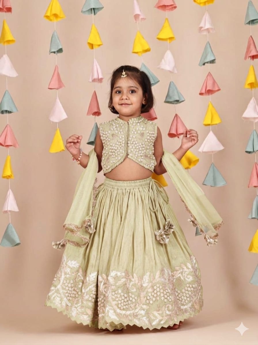 Pearl Embellished Pista Green Ghaghra and Blouse for 5,6,7 and 10 years Old