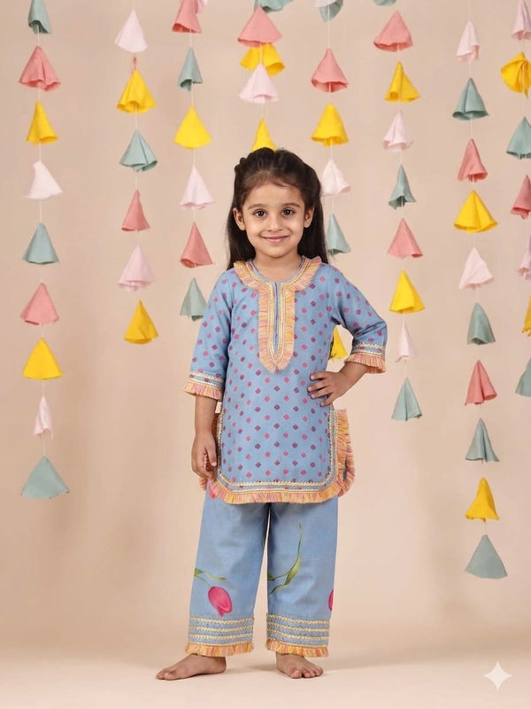 Blue Fringed Printed Kurti & Pant HYD STORE