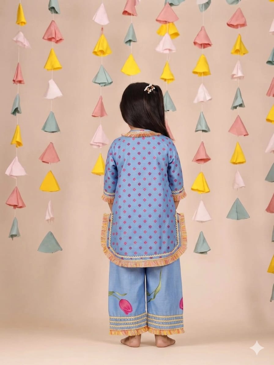 Blue Fringed Printed Kurti And Pant