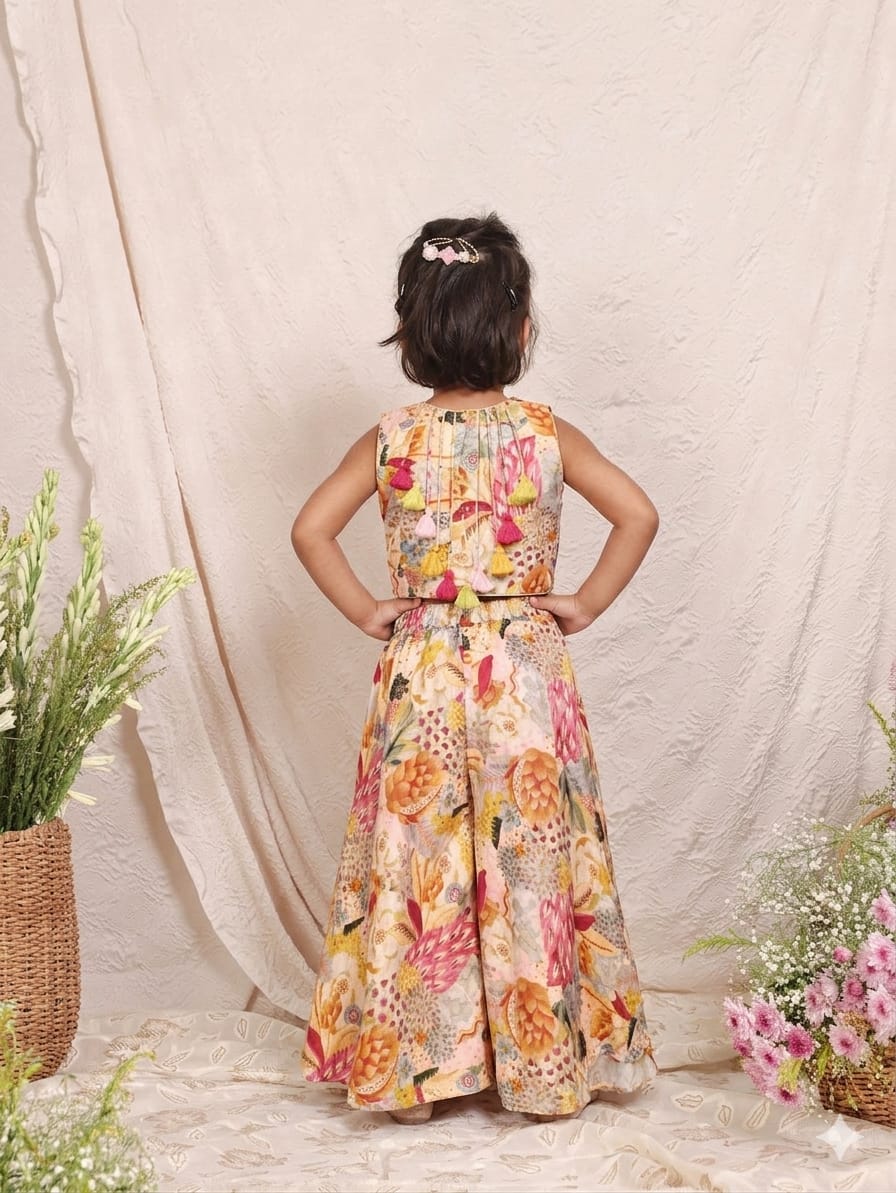 Floral Printed Fringes Top And Flared Palazzo