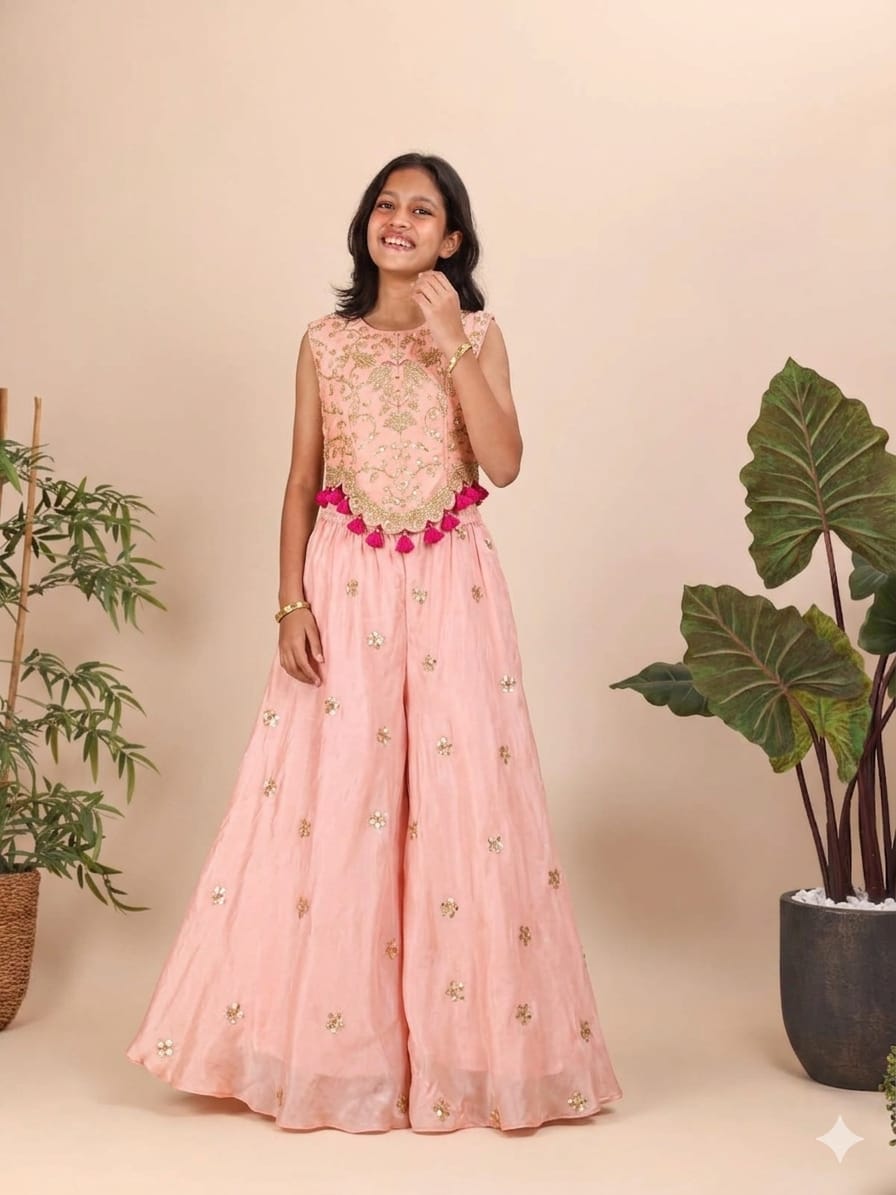 Pink Dori and Gota Embroidered Scallop Top with Flare Pant