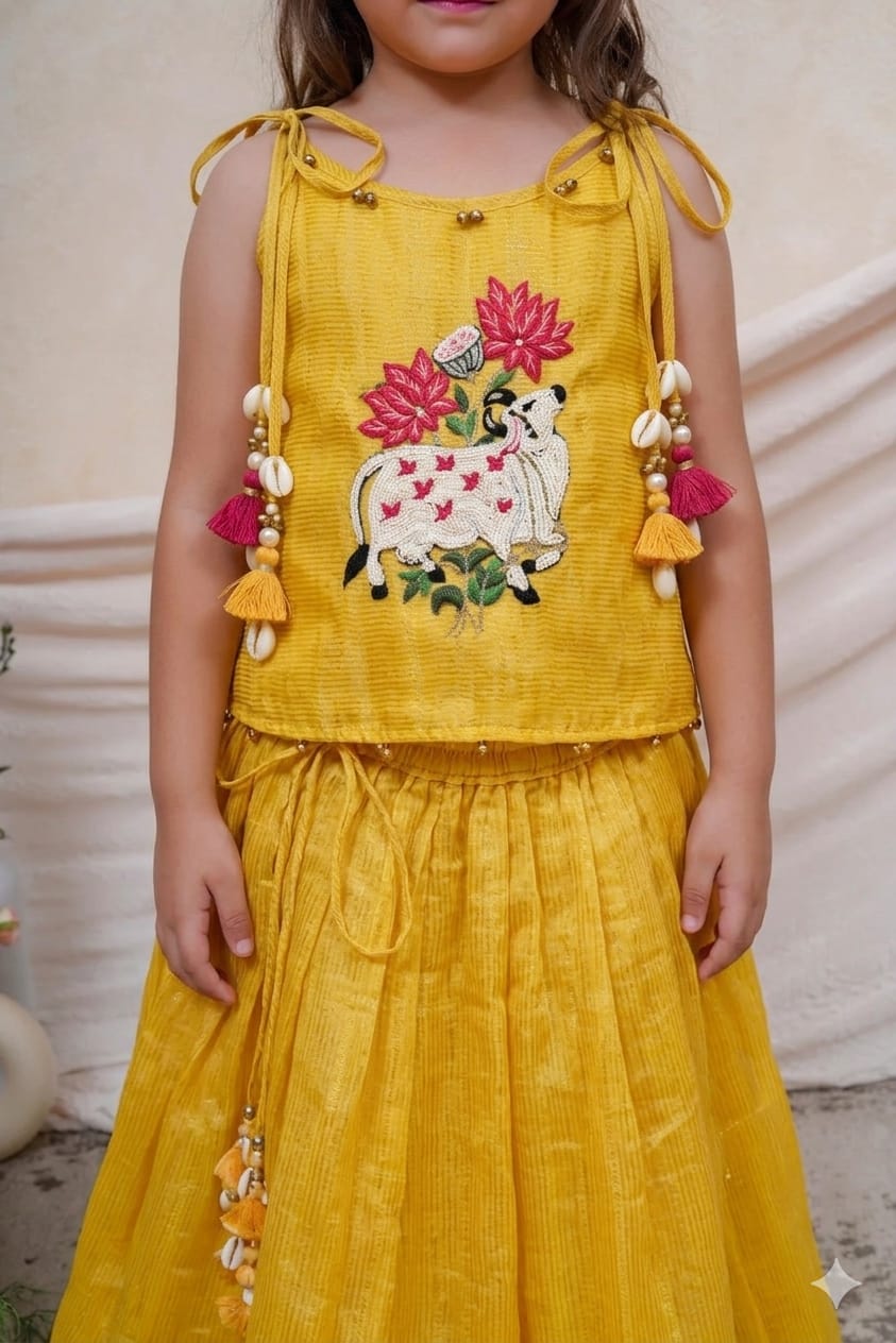 Keshariya Line Tissue Cow Embroidered Tunic Top and Ghaghra