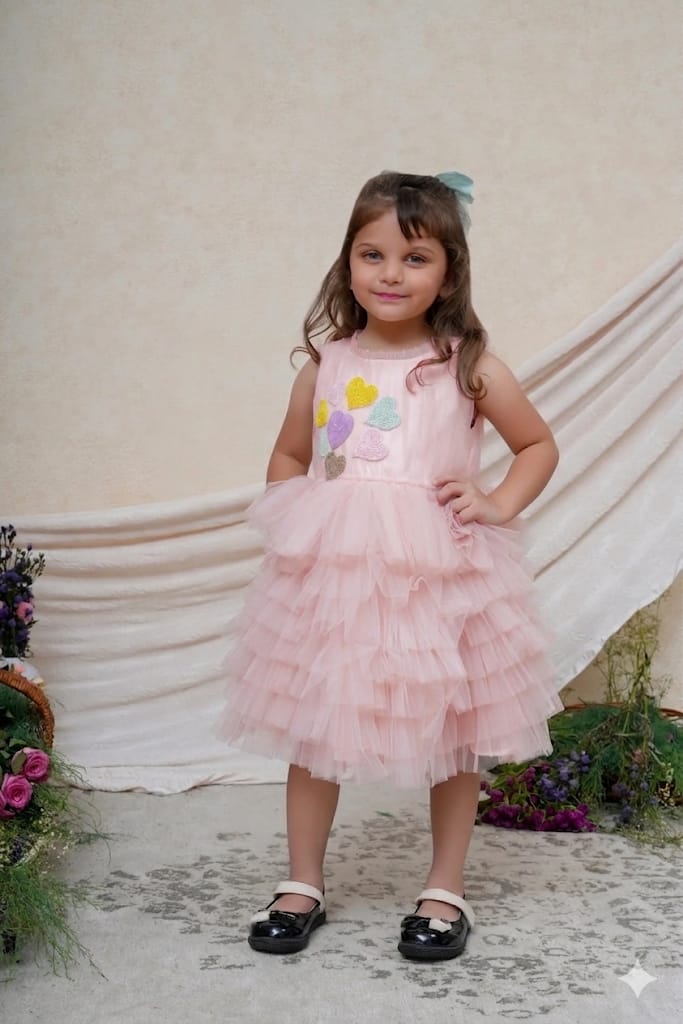 Hearts Embroidered Pink Net Dress
