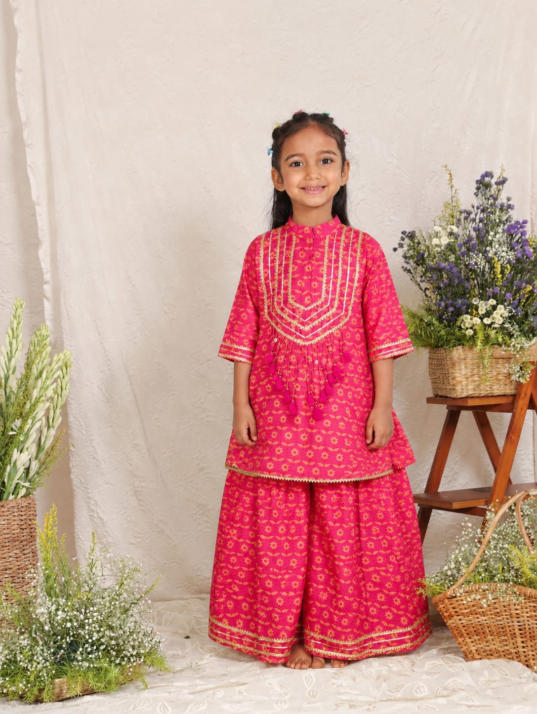 Pink Floral Printed Gota Lace Embroidered Lachhi Kurta with Flare Pant
