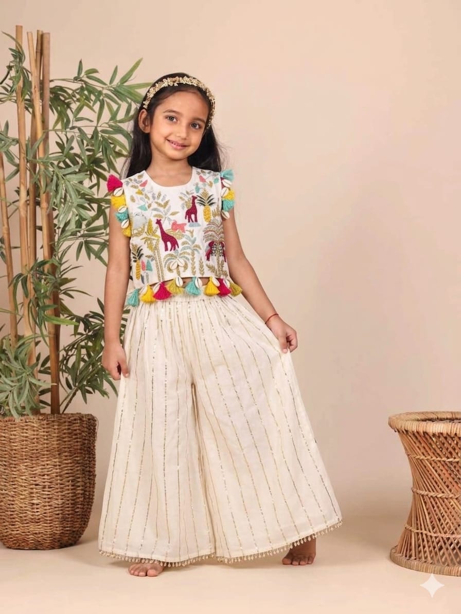 White Dinosaur Embroidered Top and Flare Pant