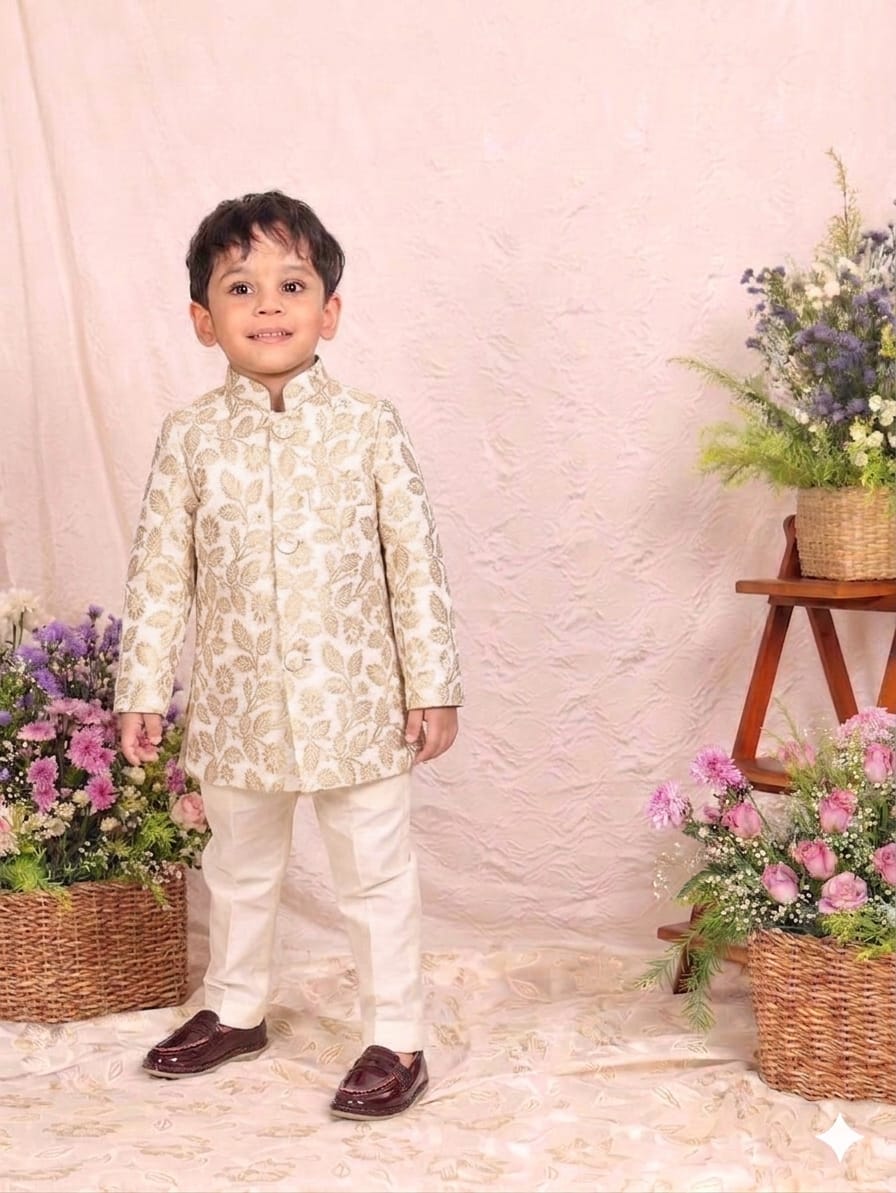 Off White Leaf Embroidered Sherwani
