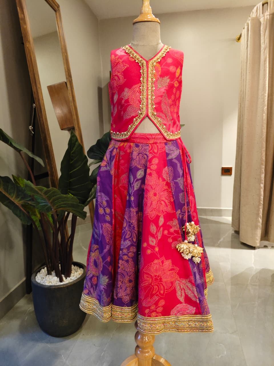 PINK PRINTED JACKET STYLE TOP WITH PURPLE AND PINK SAVRON KALI GHAGARA