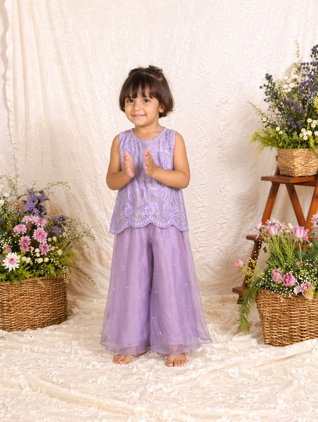 LAVENDER THREAD EMBROIDERED TOP WITH FLARE PANT
