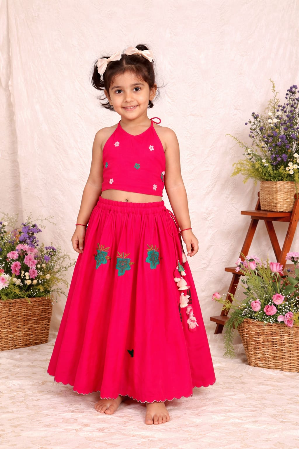 FLORAL THREAD EMBROIDERED FUCHSIA PINK HALTER NECK BLOUSE WITH GHAGARA for 2 Years Old