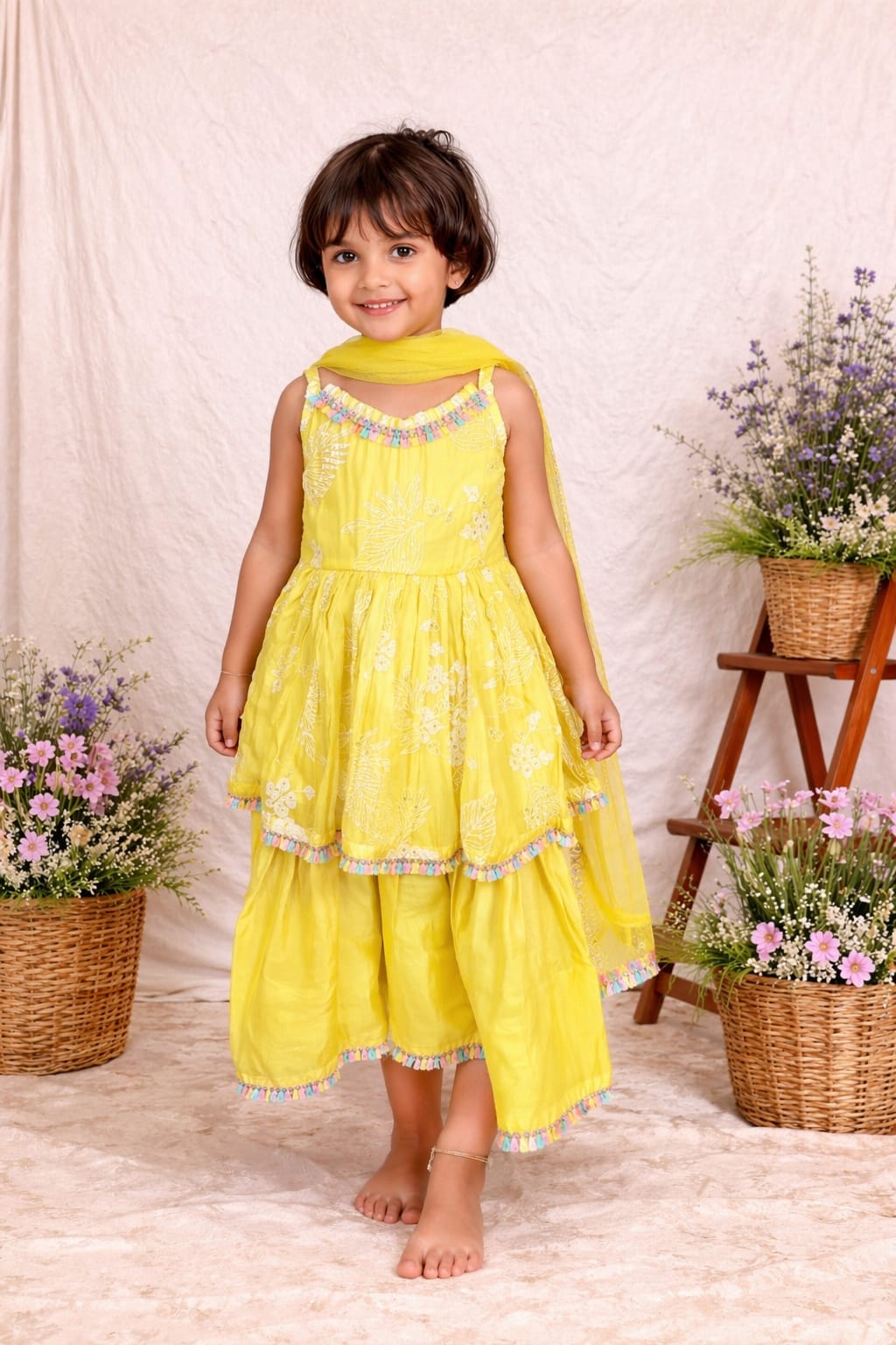YELLOW THREAD & SIQUENCE EMBROIDERED PEPLUM & SHARARA WITH DUPATTA for 2 Years Old