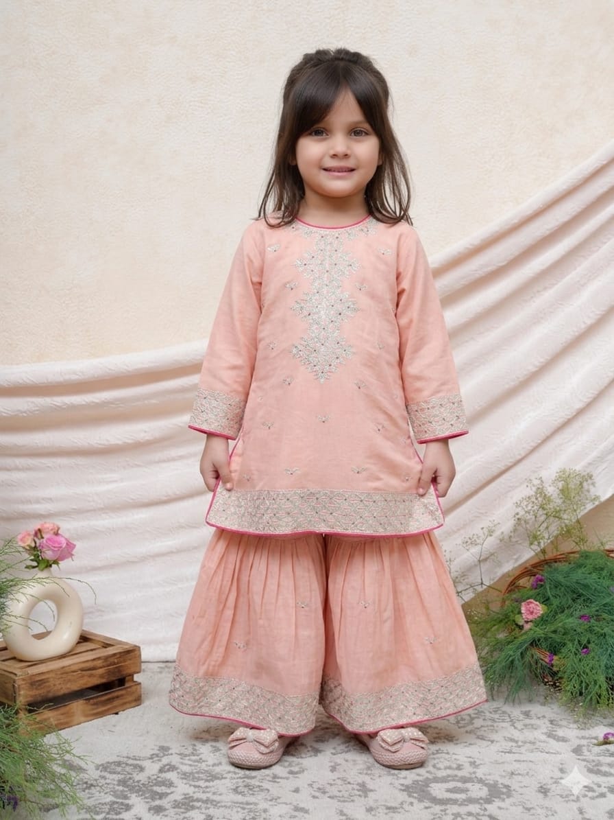 Pink and Silver Zari Kurta and Sharara for 3 Years Old