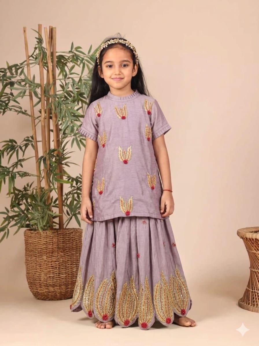 Lavender Gota and Thread Embroidered Kurta and Flare Pant for 3 Years Old