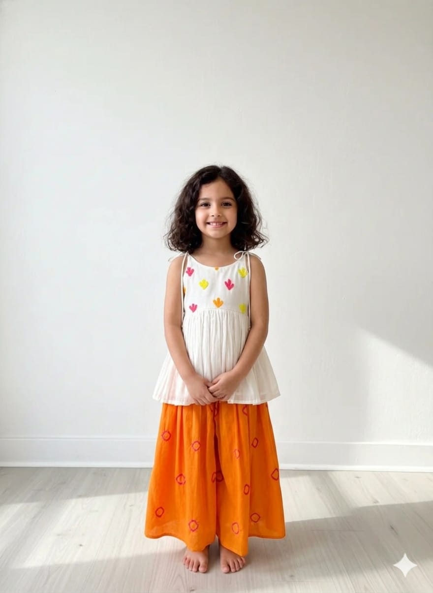 Cactus Embroidered with Peplum with Orange Tie and Dye Flare Pant for 1 Years Old