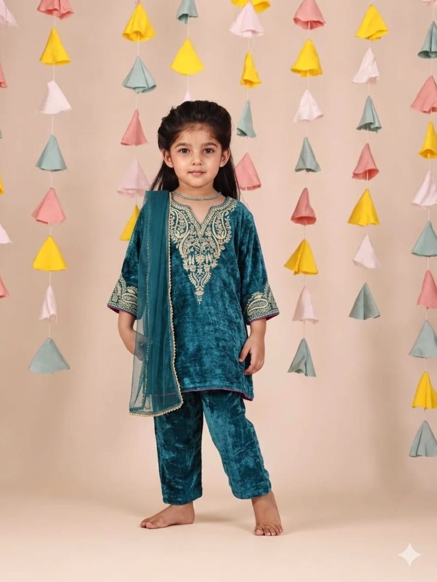 Green Velvet Zari Embroidered Kurta and Pant for 1 Years Old