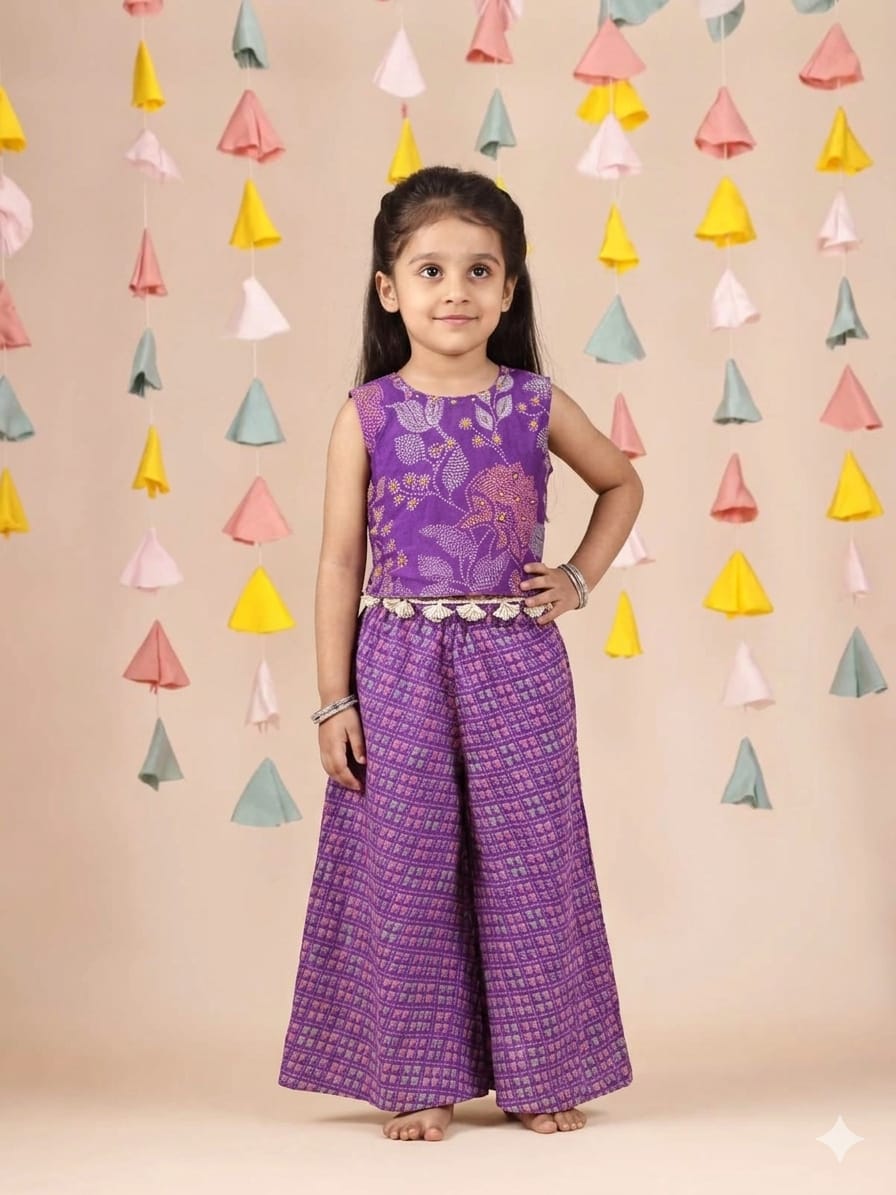 Purple Printed Beads Embelished Top with Lace Embelished Flare Pant for 2 Years Old