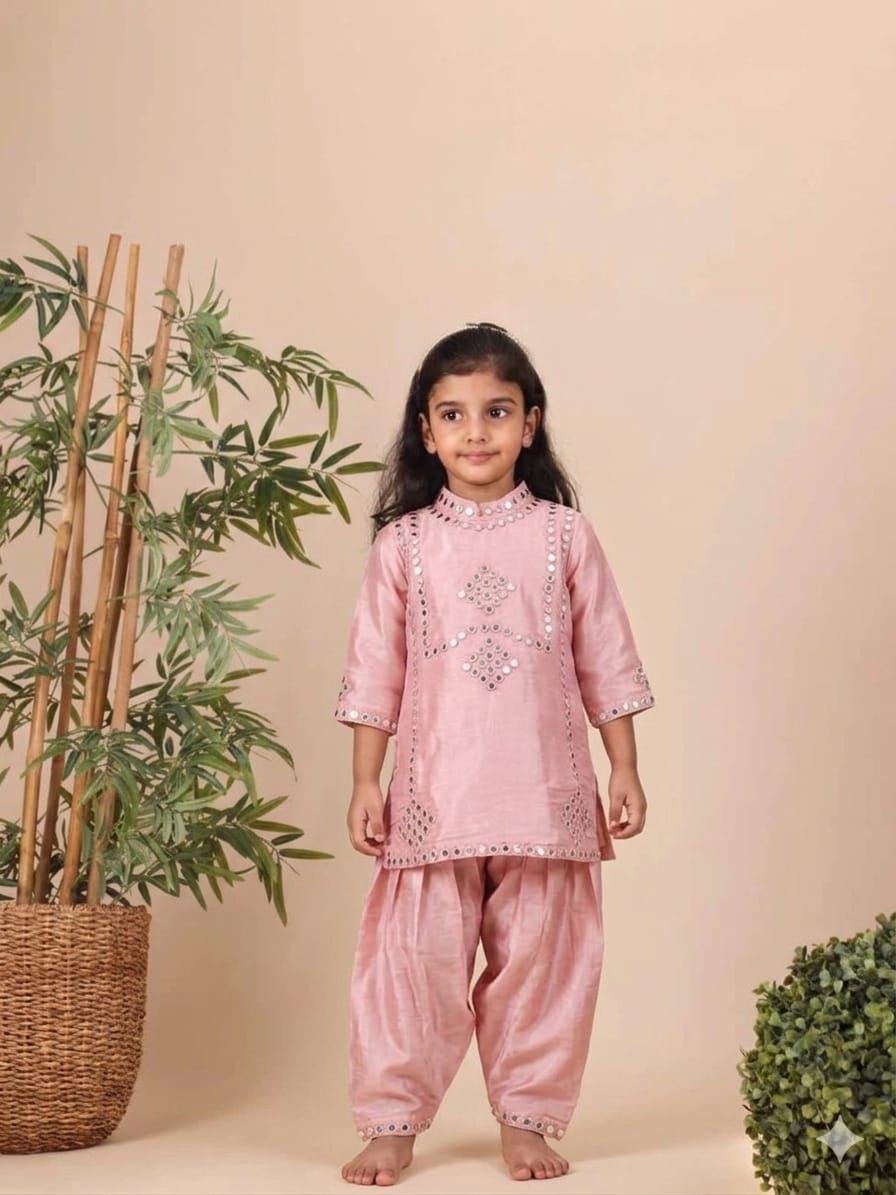Dust Pink Mirror Work Kurta with Patiala for 3 Years Old