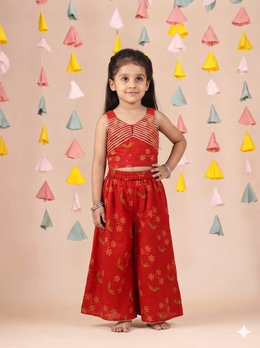 Red Chanderi Printed Gota Lace Embroidered Blouse and Sharara for 2 Years Old