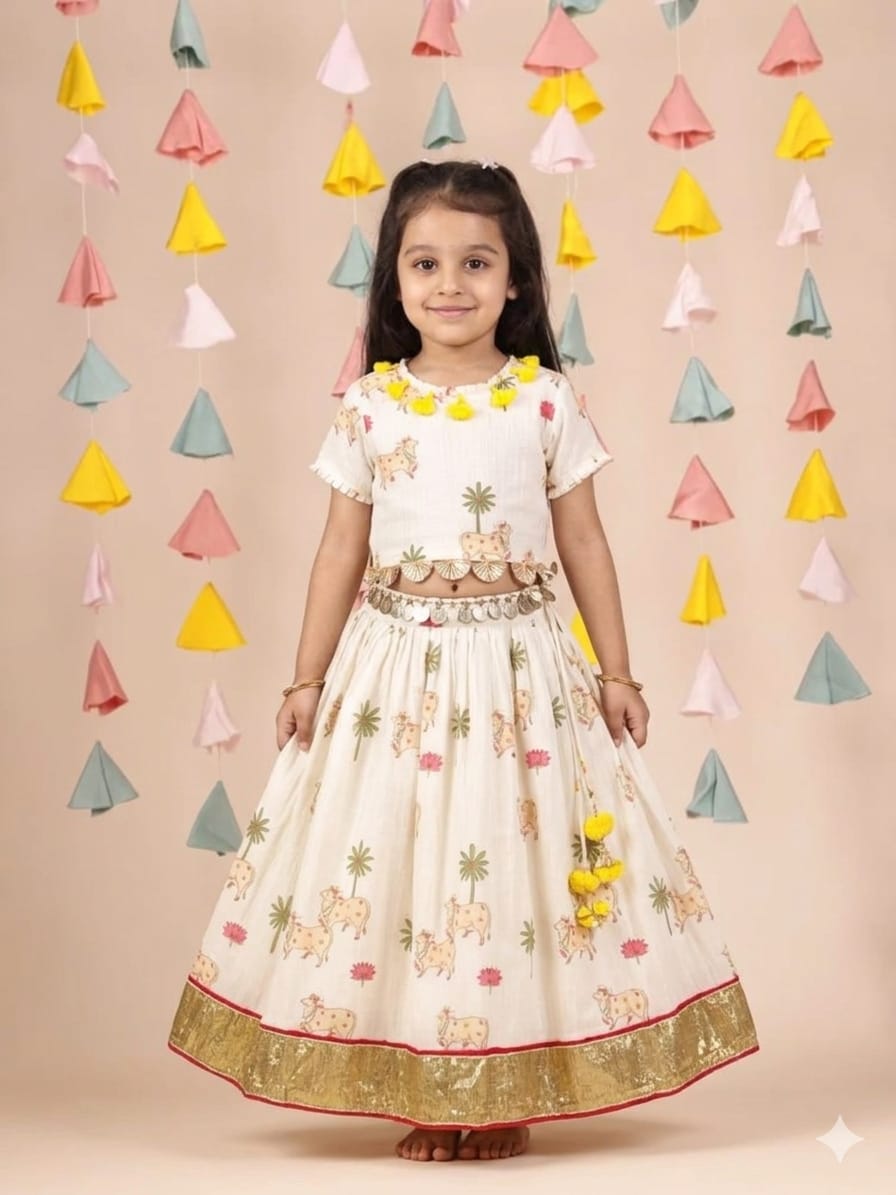 Adorable Printed Top With Fringed Detailing And Lehenga