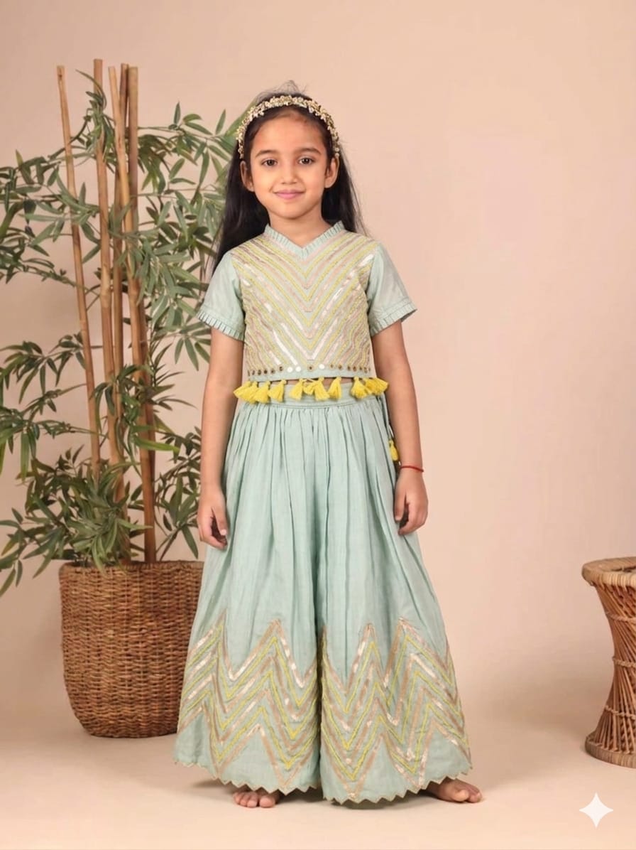 Mint Green Thread and Lace Embalished Blouse and Ghaghra for 2 Years Old