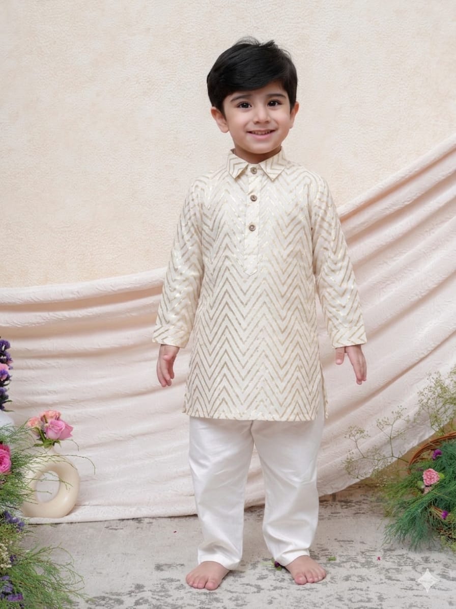 Off White Savron Zari Kurta and Pant for 2 Years Old