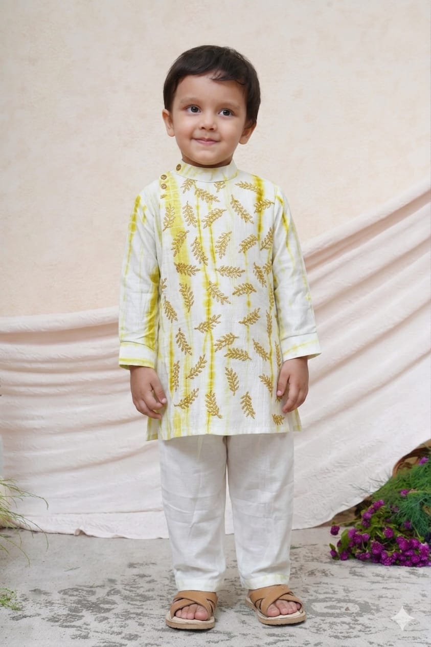 Lime Green Shiboree Mirror Leaf Embroidered Kurta and Pant for 2 Years Old