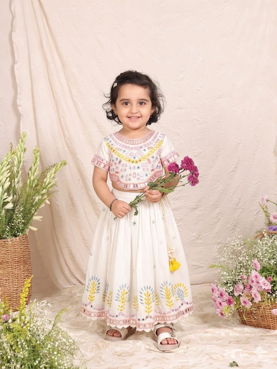 Multicolour Thread and Faux Mirror Embroidered White Ghaghra and Blouse for 2 Years Old