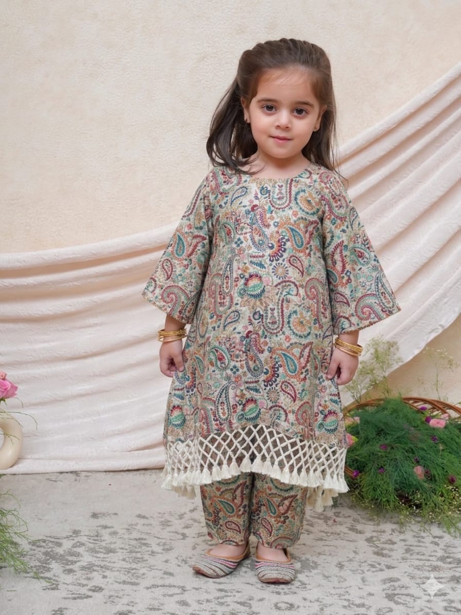 Multicolour Thread Kaftan with Straight Pant for 3 Years Old