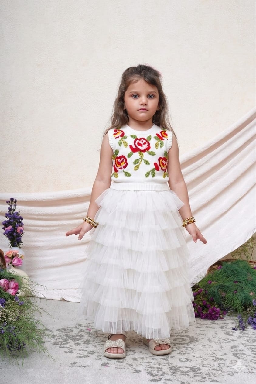 White Beads Top Net Layer Skirt for 2 Years Old