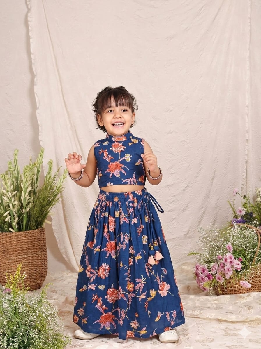 Parsee Thread Embroidered Delicate Blue Ghaghra for 2 Years Old