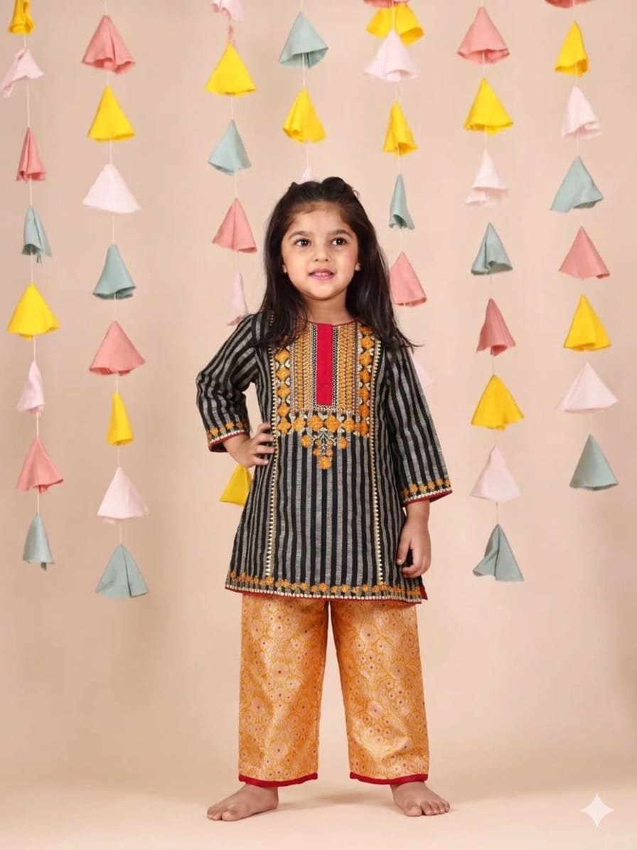 Black Thread Embroidered Kurta and Brocade Pant for 3 Years Old