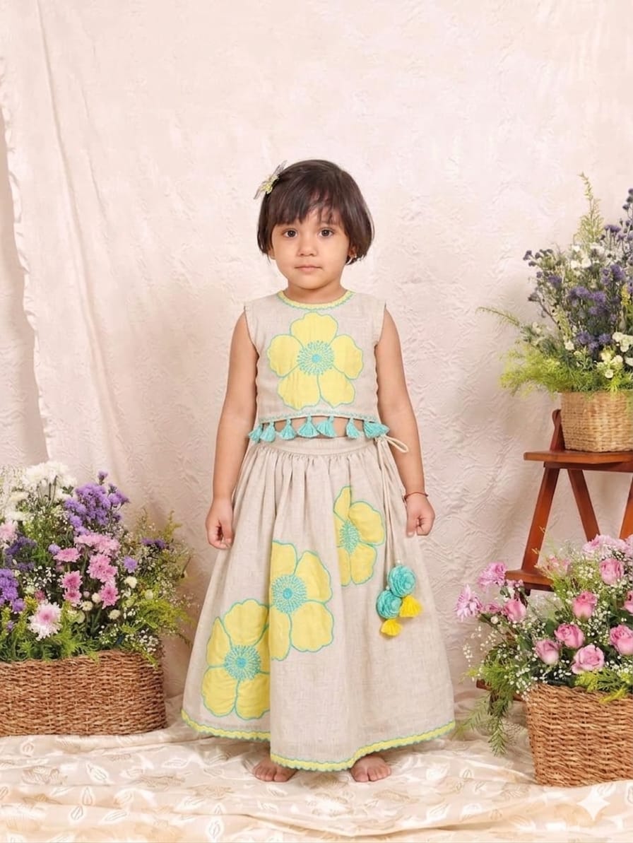 Yellow Applique Blouse with Off White Ghaghra for 2 Years Old