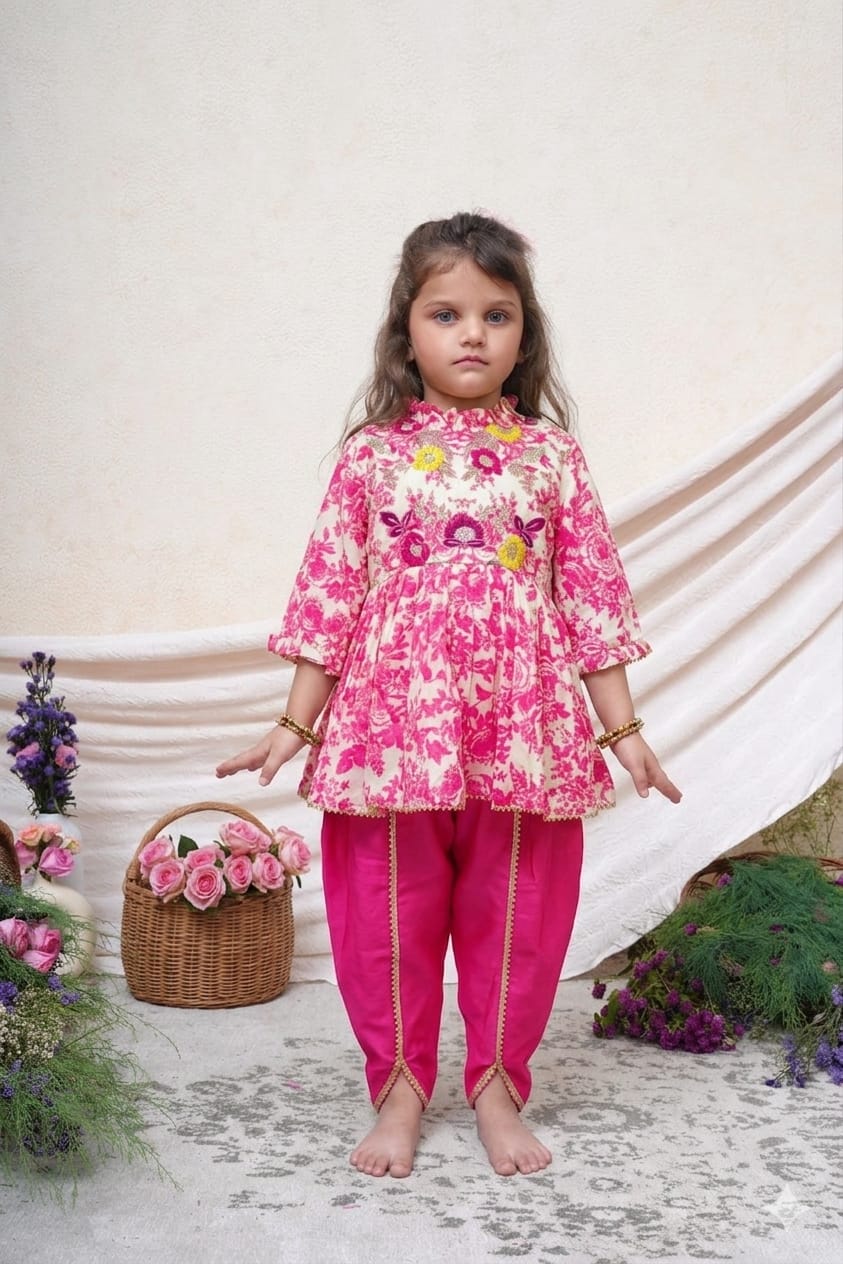 PINK ROSE PRINTED PEPLUM & PINK DHOTI for 1,3,5 and 7 Years Old