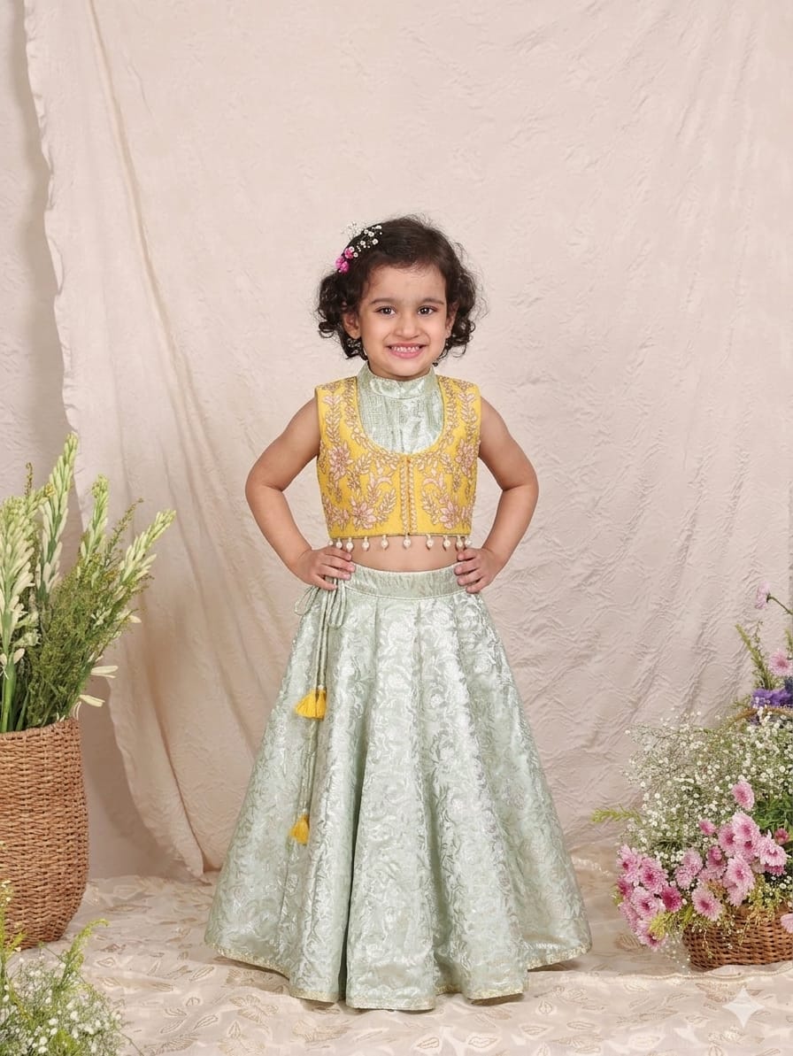 YELLOW HEAVY EMBROIDERED JACKET WITH PISTA GREEN BROCADE GHAGHRA BLOUSE for 6 and 7 Years Old